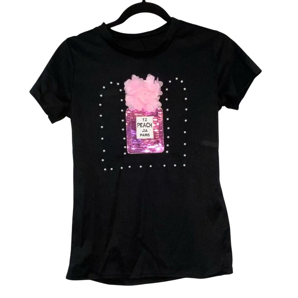 Black Graphic Tee Medium Perfume Bottle Sequin Pearl Embellished‎ Cute Girly Top